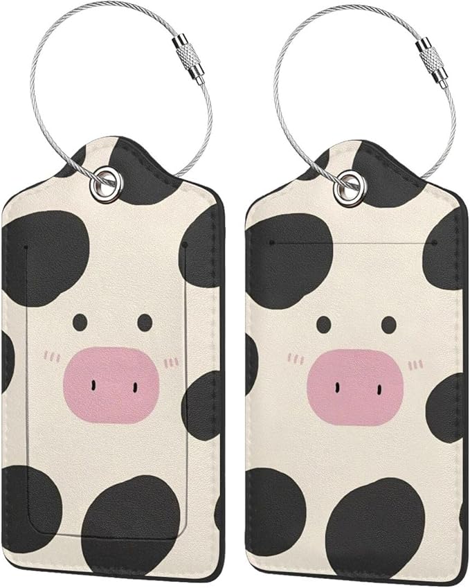 2 Pack Luggage Tags for suitcases Cow TSA Approved Label Luggage Tag Baggage Tag Leather Stainless Steel Loop Label Tag for Men Women Travel Bag Suitcase