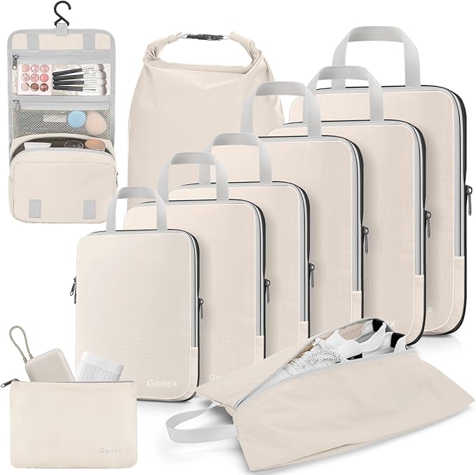 Gonex 10 Set Compression Packing Cubes, Expandable Storage Travel Bags for Suitcase, Luggage Organizers with Hanging Toiletry Bag Laundry Bag Shoe Bag Accessories Bag (Cream)
