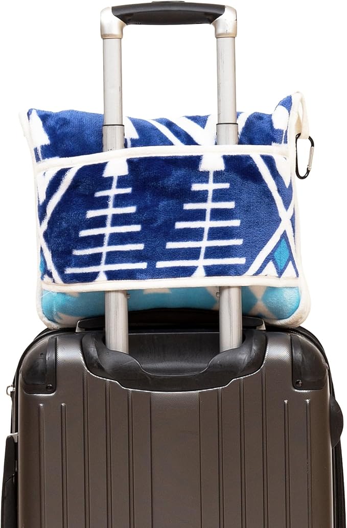 CARSTENS, INC. Travel Blanket, Premium Compact 2-in-1 Airplane Blanket/Pillow, Open Sky Blue Aztec