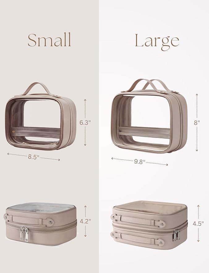 Clear Cosmetic Bag Double Layer 4 Compartments Travel Toiletry Bag Clear Makeup Bag Case with Zipper Transparent Travel Bag for Toiletries, Gift for Women Girls (Taupe, Small)