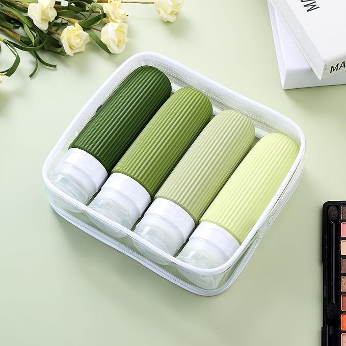 Travel Bottles for Toiletries, Tsa Approved 3oz Portable Travel Bottles, BPA Free Leak Proof Squeezable Silicone Travel Size Containers, Travel Accessories with Clear Toiletry Bag (4 Pack)