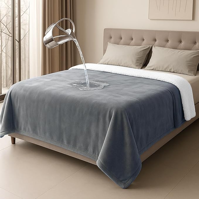 Tisancy Waterproof Gray Blanket for Dog Cat Puppy, 80'' x 60'' Double Side Leakproof Reversible Double Side Sherpa Flannel Fleece 3 Layer Lightweight Blanket, Absorb50oz(Gray/White), Machine Washable