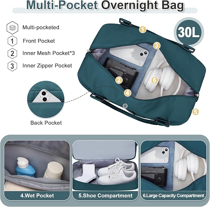 Weekender Bags for Women, Travel Duffel Bags with Shoe Compartment & Wet Pocket,Personal Item Travel Bag for Airlines,Carry on Overnight Tote Bag for women,3Pcs Set，Peacock Blue