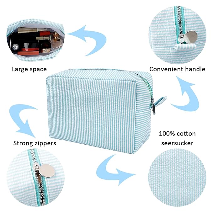 GFU Cosmetic Bags for Women, Seersucker Cosmetic Bag, Travel Toiletry Stripe Makeup Bag, Large Women Aesthetic Organizer Storage Pouch, Girls Handbags Purses
