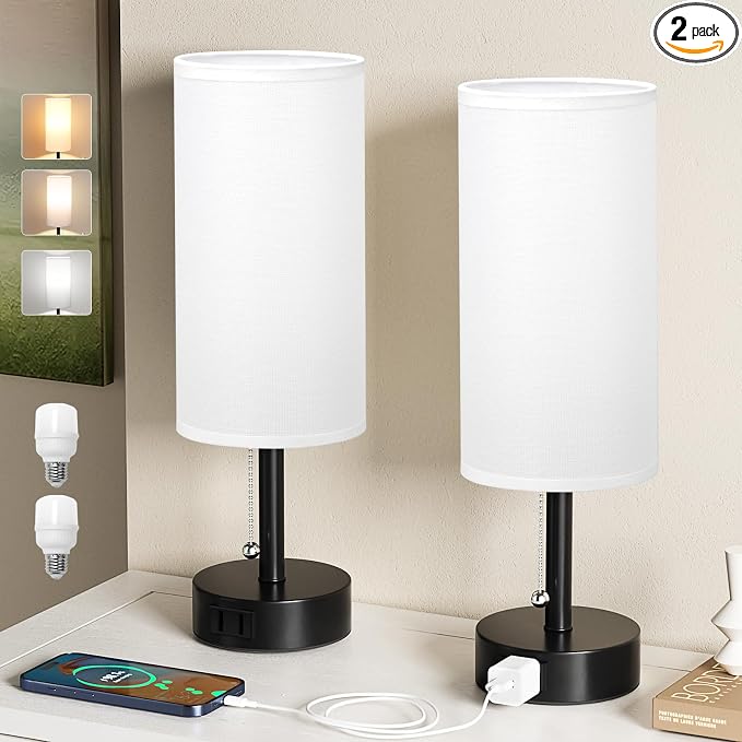 White Bedside Table Lamps Set of 2 - Bedroom Lamp for Desk, AC Outlet | 3CCT(3000K/4000K/5000K), LED Bulbs Included, White Fabric Lampshade, 14in Small Lamp for Nightstand, Guest Room, Living Room