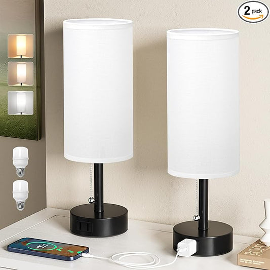White Bedside Table Lamps Set of 2 - Bedroom Lamp for Desk, AC Outlet | 3CCT(3000K/4000K/5000K), LED Bulbs Included, White Fabric Lampshade, 14in Small Lamp for Nightstand, Guest Room, Living Room