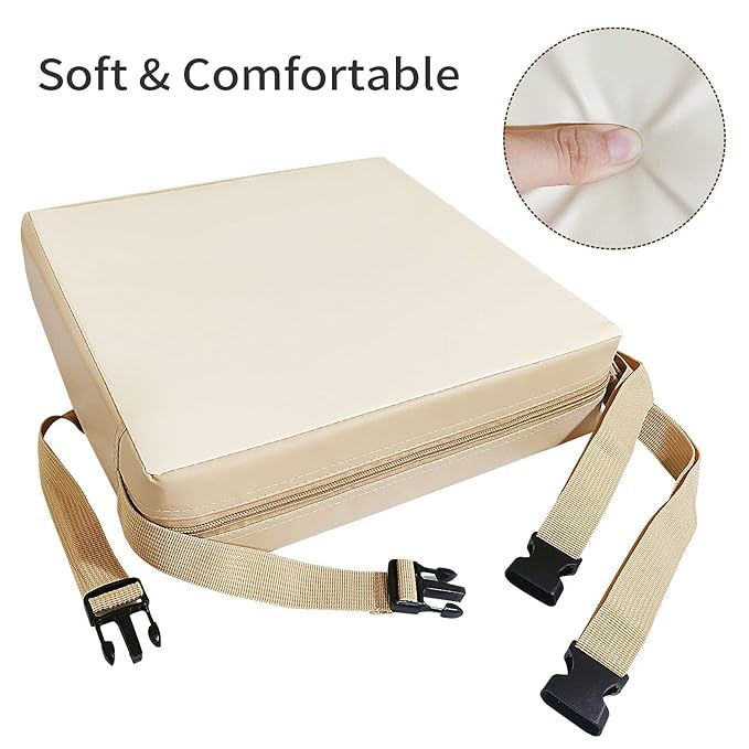 Toddler Booster Seat Dining, Washable 2 Straps Safety Buckle Kids Booster Seat for Dining Table, Portable Travel Increasing Cushion (Beige-PU)