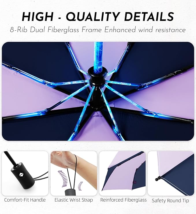 Windproof Travel Umbrella for Rain - 43" Auto Open Close 8-Rib Compact, Stylish Two-Tone Color Block Design, Easy-Close Folding Portable Parasol for Men & Women