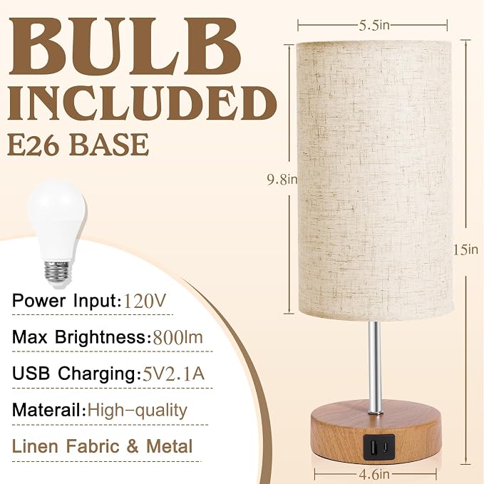 UNIFUN Touch Bedside Lamps 2 Pack, 4-Way Dimmable with USB-C Charging Port | 4-Way Touch Dimmable Control，USB-A and Type-C ports，Natural wood base paired with a soft linen fabric shade，Warm Minimalist