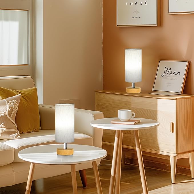 Table Lamps Set of 2 （Cream Shade - Wood Base, 11.6" Inline Control） | Bulb not Included | Small Lamps for Bedroom | Desk Lamp for Reading | for Living Room | for Dorm | Linen Shade