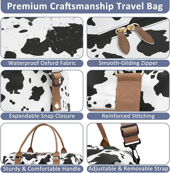 Travel Duffle Bag for Women, Weekender Bags, Hospital Bag for Labor Delivery, Lightweight Tote Duffel Overnight Bag with Luggage Sleeve, Airplane Travel Bags with Toiletry Bag, Large, Cow