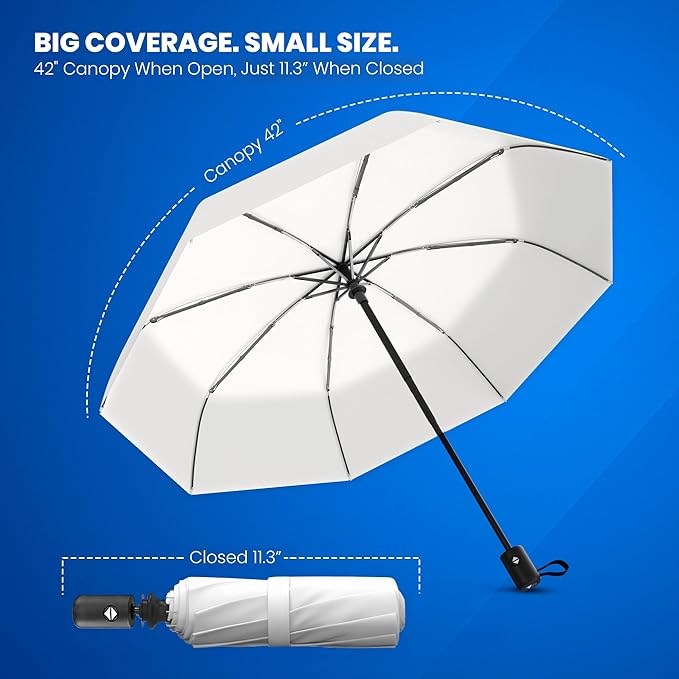 Rain-Mate Windproof Compact Umbrellas for Rain - Strong Reinforced Fiberglass Rib Design & Auto Open & Close - Portable Folding Travel Umbrella - Lightweight & Packable for Women & Men, Easy Collapse