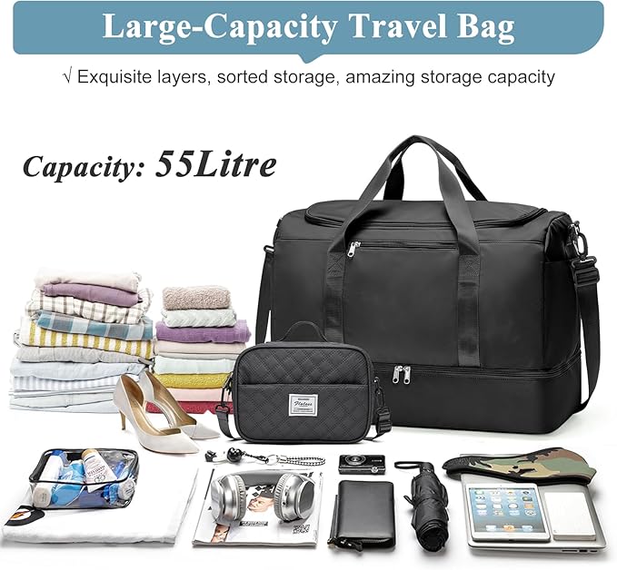 Extra Large Travel Duffle Bag,Carry on Overnight Bag with Shoes Compartment,Weekender Bags for Women for Travel Business Trips Sport Hospital,3 Pcs Set,Black