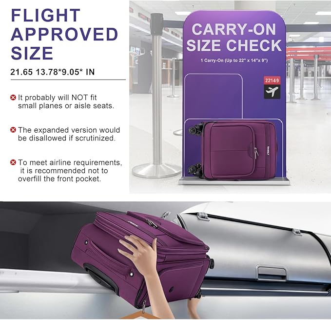 Carry on Suitcase 22x14x9 Airline Approved,20 inch Lightweight Suitcases with 360° silent swivel wheels, TSA Lock and Compartment, Large Capacity travel Suitcase-Purple