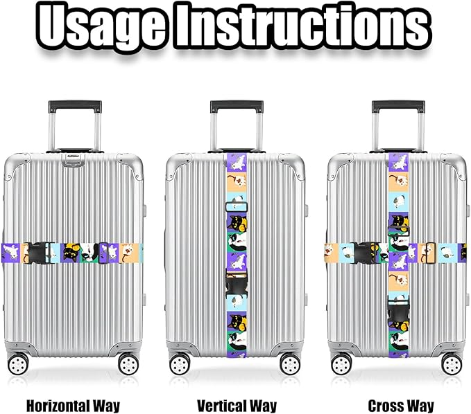 Nuxovilar Luggage Straps of 2 Set Cartoon Cats Pattern, 1.96x90.5 inches - Luggage Straps for Suitcases, Perfect for Pet Lovers, Family Trips, Casual Travel