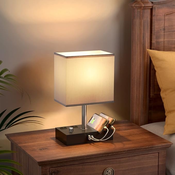 Grey Table Lamp for Bedroom - Stepless Dimmable, USB C+A, 2 AC Outlets | Dimming By Rotary Knob, USB C+A Ports, 2 Phone Stands, LED Bulbs Included, Rectangle Misty Grey Lampshade, for Living Room