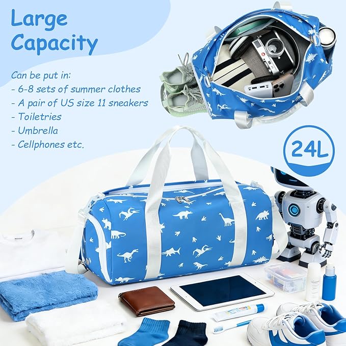 CAMTOP Kids Duffel Overnight Bag Boys Girls Toddler Weekender Carry-On Personalized Tote for Travel Gym Sport (A-Blue White Dinosaur)