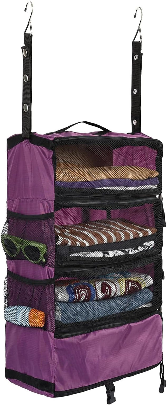 Surblue Travel Hanging Luggage Organizer Portable Suitcase Closet Organizer Multiple Compartments Collapsible Compression Packing Cubes Shelf, Purple, S