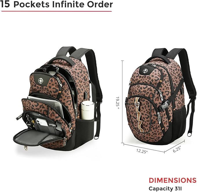 Swissdigital Laptop Backpack with USB Charging Port, Travel Backpack Fits 15.6 inches Computer, 31L Backpack for Men and Women, Brown Leopard | SD803-103