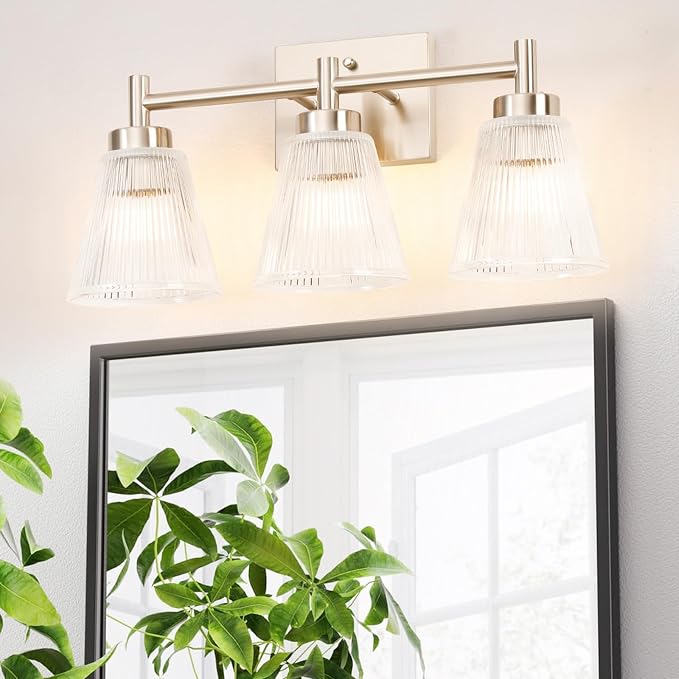 OCIOC Nickel Bathroom Vanity Light 3-Light Bathroom Light Fixtures Over Mirror Vanity Lighting Fixtures with Striped Glass Shade,17inch Modern Vanity Lights for Bathroom Wall Sconce Lights for Bedroom