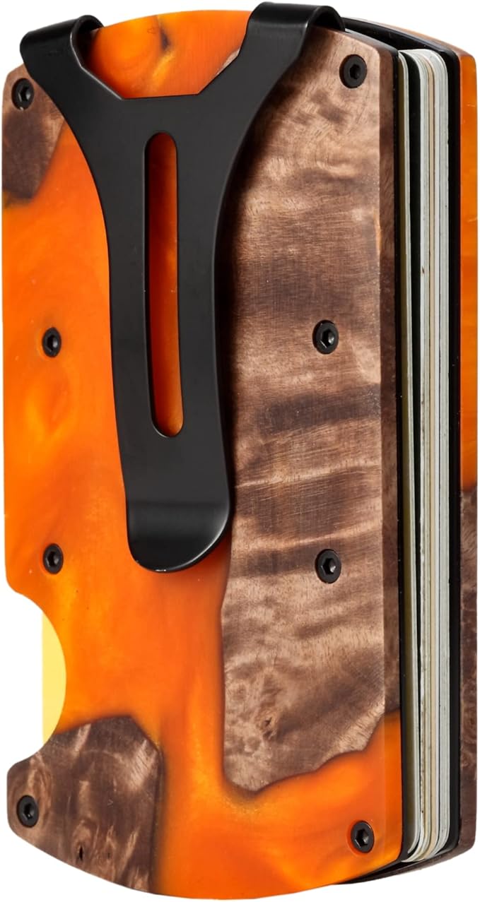 Carbon Fiber Minimalist Wallet for Men Credit Card Holder Money Clip & Cash Strap Slim RFID Mens Wallets,Resin Natural Walnut Wood,Unique Pattern,Orange