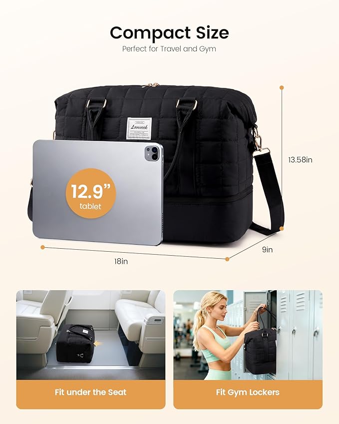 LOVEVOOK Travel Duffel Bag - Versatile Weekender Bag for Women, Puffer Carry On & Overnight Bag for Short Trips, Black