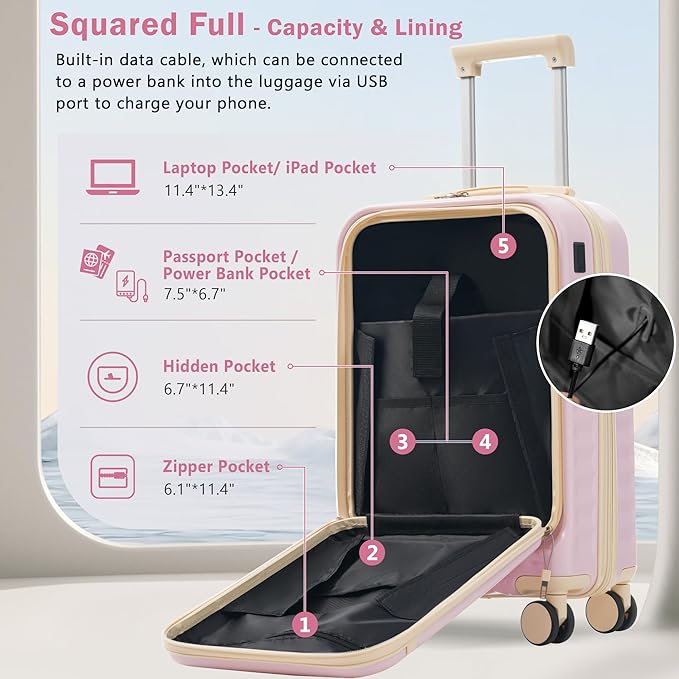 Merax Luggage Sets 3 Piece,Front Open Hardshell Expandable Suitcase with Spinner Wheels and Duffel Bags,Lightweight Carry on Luggage with USB Port,20/24IN,Pink