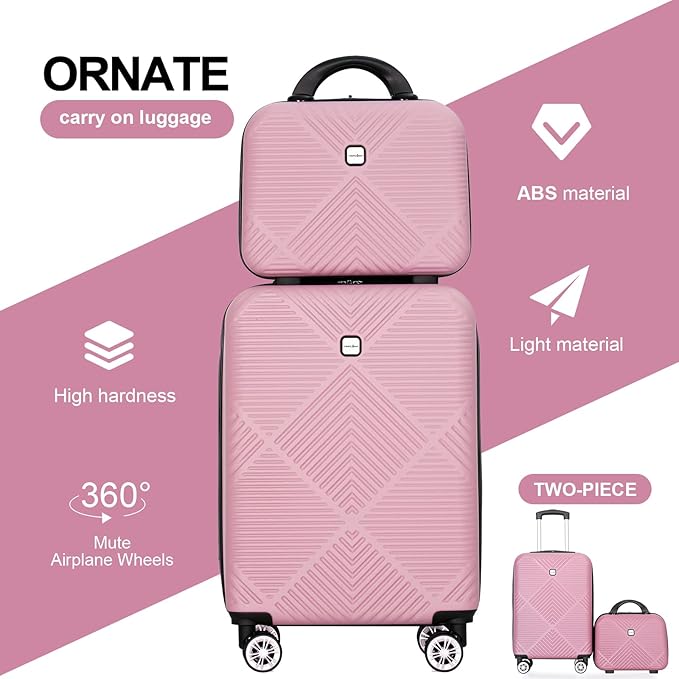 2 Piece Carry on Luggage Set, Airline Approved 20 Inch Luggage with Cosmetic Case HardShell Suitcase with Spinner Wheels, Lightweight Durable Hardside Suitcases Set, Pink