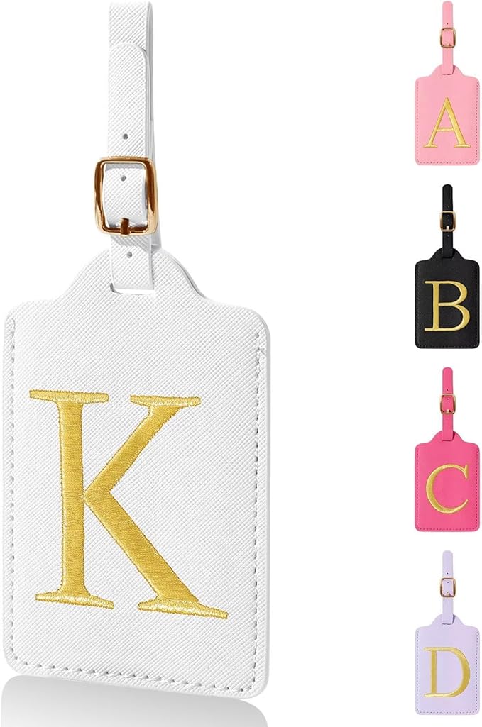 Personalized Initial Luggage Tags for Suitcases,Leather Letter Cute Luggage Tags with Privacy Name Card,Embroidered Monogrammed Travel Bag Backpack Tag Gifts for Women Kids Girls Teens(White-K)