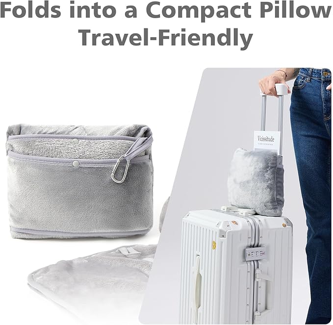 Travel Blanket with Carry Bag, Lightweight Wearable Airplane Blanket, Soft Packable Throw for Travel & Office Light Grey