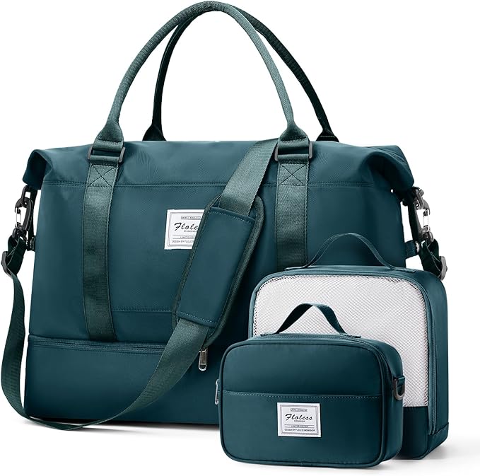 Large Weekender Bags for Women, Travel Duffel Bags with Shoe Compartment,Personal Item Travel Carry on Overnight bag for women Travel 3PCS,Peacock Blue