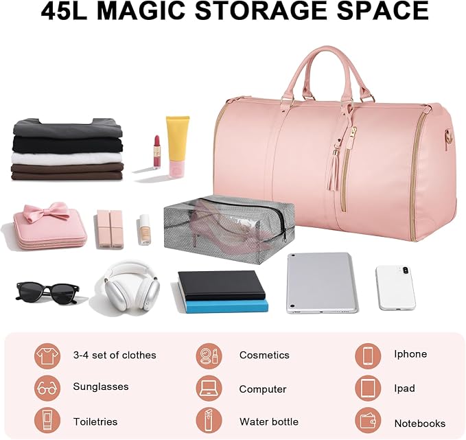 Ytonet Rolling Garment Bags for Travel, Convertible Carry On PU Leather Travel Bag 2.0 Roller Edition, 3 in 1 Suit Garment Duffle Bag with Wheels and Shoe Pouch for Business Wedding Overnight, Pink