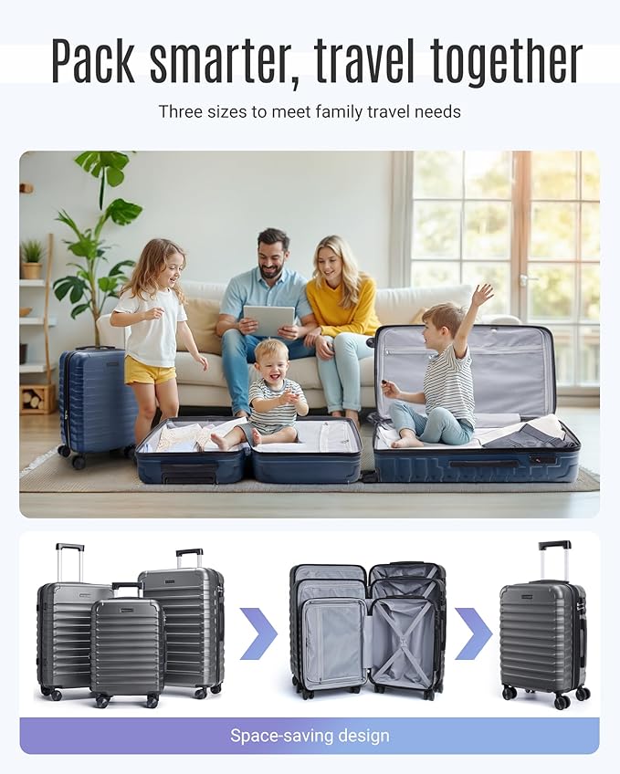 LIGHT FLIGHT Luggage Sets, 3 Piece Durable Suitcase Set with Spinner Wheels, 3 Pcs Hardside Lightweight luggage with TSA Lock, Large Checked Travel Suitcases, 20/24/28 Inch, Gray