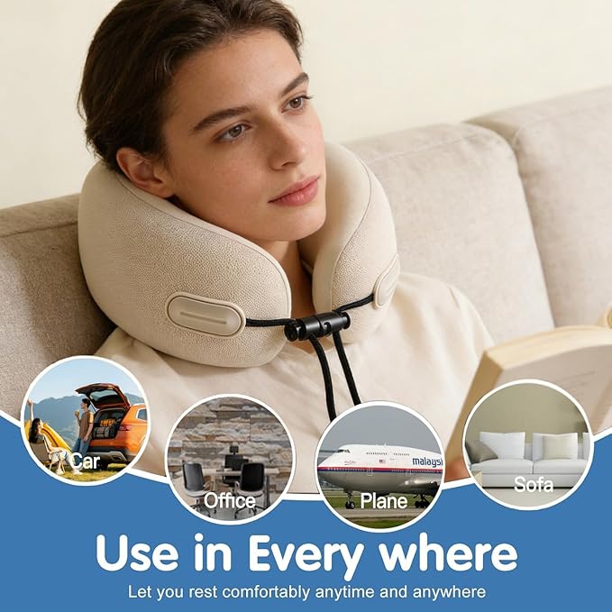 Travel Neck Pillow with Storage Case, 100% Pure Memory Foam, Airplane Head Support for Flight Sleeping, Portable, Beige