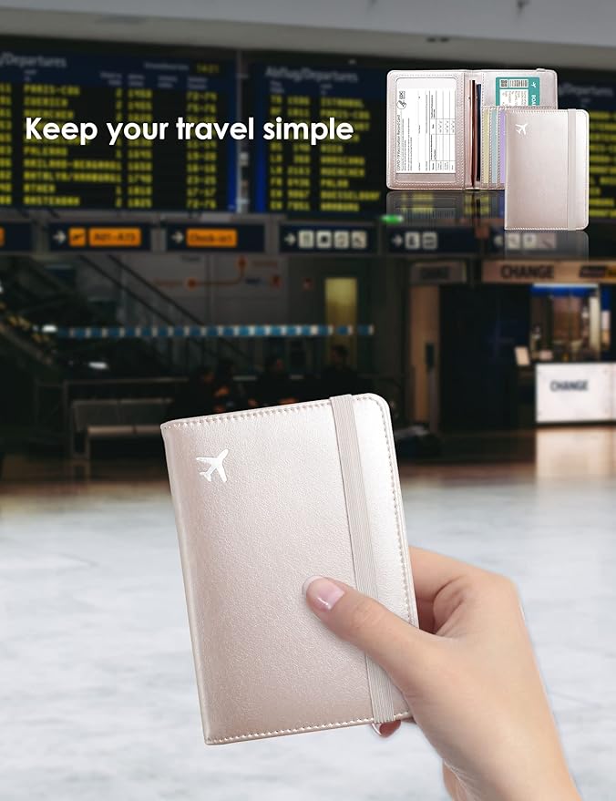Mymazn Passport and Vaccine Card Holder Combo Passport Holder Wallet With Vaccination Card Holder Passport Case with RFID Blocking Clear Pocket For Vaccine Card Holder (Champagne Pink)