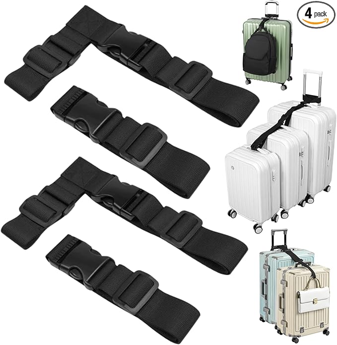 Sadnyy 4 Pack Luggage Straps for Suitcases, Adjustable Travel Belt to Add a Bag, Suitcase Connector Straps for Carry on Luggage Bungee Elastic Travel Accessories with Backpack Attachment (Basic Style)