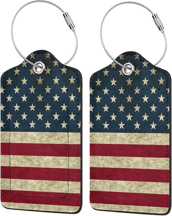 2 Pack Luggage Tag USA Travel PU Cute Leather Luggage Tag Name ID Labels with Privacy Cover Suitcases Women Men Girls Boys Fun Laggage Tags (USA)
