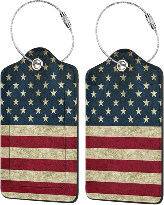 2 Pack Luggage Tag USA Travel PU Cute Leather Luggage Tag Name ID Labels with Privacy Cover Suitcases Women Men Girls Boys Fun Laggage Tags (USA)