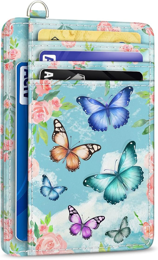 Yonlevres Credit Card Holder Slim Wallet, Butterfly RFID Wallet Women Front Pocket Small Card Holder, Travel Cute Funny Thin Card Case ID Window PU Leather RFID Blocking Card Organizer Gifts Girls