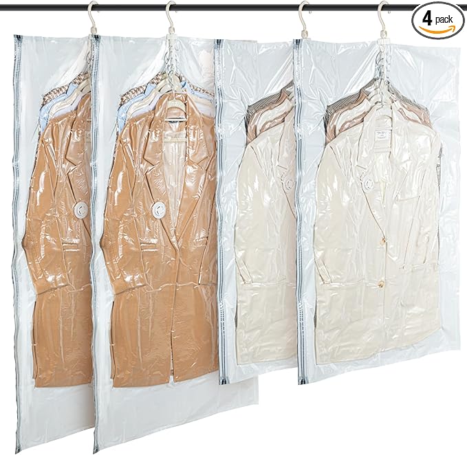 Hanging Vacuum Storage Bags – 4 Pack (2 Long, 2 Short) Hanging Vacuum Seal Bags for Clothing, Closet Organizer Space Saver for Suits, Jackets & Coats