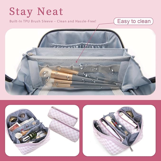 BOYATU Travel Makeup Bag Organizer Cosmetic Bag: 3 Pcs Set Make up Bags for Women with Handle - Waterproof Vegan Leather Toiletry Bags Travel Essentials Pouch with Compartments (H-05-Pink)