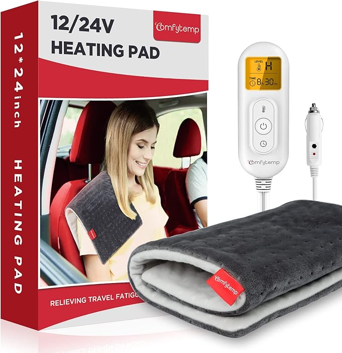 Comfytemp 12V/24V Car Electric Blanket for Back, 4 Heat Settings, 11Auto-Off, Portable Mini Travel Blanket for Neck, Shoulders, Hip, Waist, Truck, SUV, 12" x 24" Washable for Drivers Women Men Winter