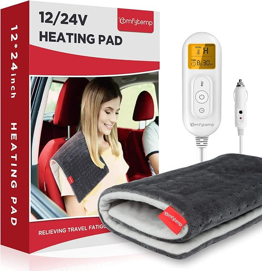 Comfytemp 12V/24V Car Electric Blanket for Back, 4 Heat Settings, 11Auto-Off, Portable Mini Travel Blanket for Neck, Shoulders, Hip, Waist, Truck, SUV, 12" x 24" Washable for Drivers Women Men Winter