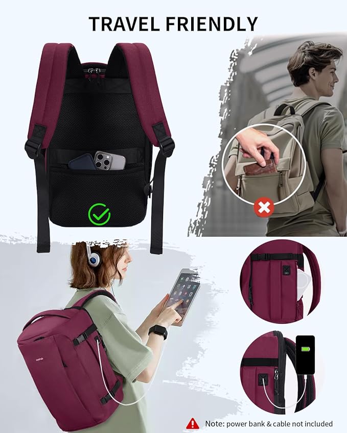 ECOHUB 40L Carry-On Travel Backpack, TSA-Friendly, Anti-Theft Water-Resistant Lightweight with 17.3″ Laptop Compartment, Durable PFAS-Free Rucksack, Red
