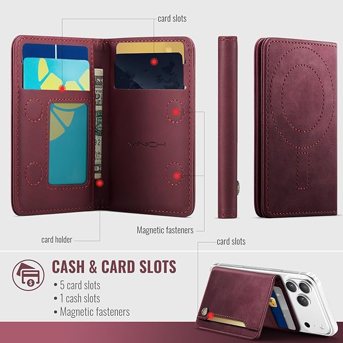 Vinich for MagSafe Wallet Magnetic RFID Blocking Card Holder Compatible with MagSafe Phones and Cases, Strong Magnet Minimalist Phone Wallet for iPhone 17/16/15/14/13/12/Pro/Max/Plus, Burgundy