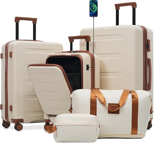 Merax Luggage Sets 5 Piece Front Open, Hardside 20" Carry On Suitcase Set with USB Port,Lightweight Expandable Travel 24" 28" Luggage with Bags TSA Locks Double Spinner Wheels,White and Brown