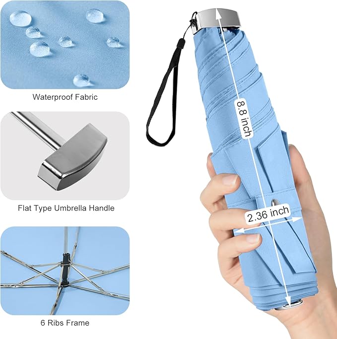 Lejorain Travel Mini Umbrella for Purse - Black Compact Durable Cool Teflon Light Weight Flat Backpacking Umbrella Portable Paraguas