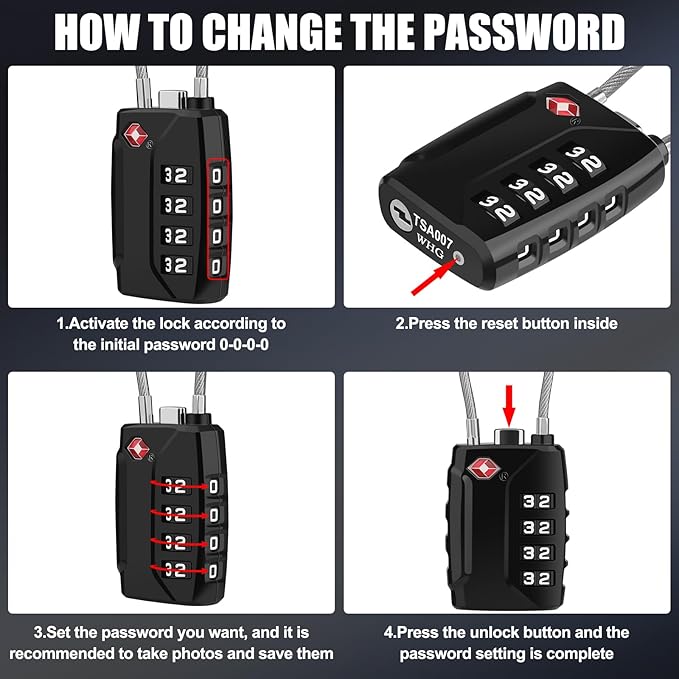 Diyife TSA Luggage Locks, [Upgrade Version][2 Pack] TSA Approved Suitcase Lock 4-Digit Re-settable Combination Lock, Cable Backpack Locks, Code Lock for Travel Suitcase Luggage Bag Lockers (Black)