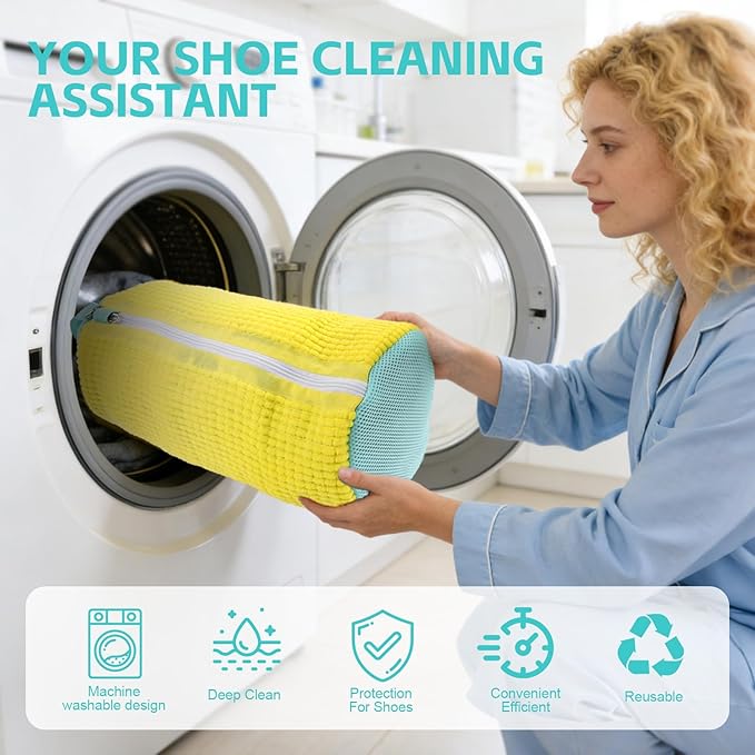 Shoe Washing Machine Bag Reusable Sneaker Washing Bag with Built-in Fluffy Brushes for 360° All-Around Cleaning, Laundry Shoe Bag is Designed for Washer and Dryer （Yellow 2pcs）