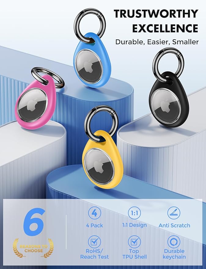 UNBREAKcable Holder for Apple AirTag - 4 Pack [Fit Tightly Design] [Easy to Install] [Hold Air Tag Securely] Waterproof TPU Shell Protective Case with All Metal Keychain Key Ring Clip